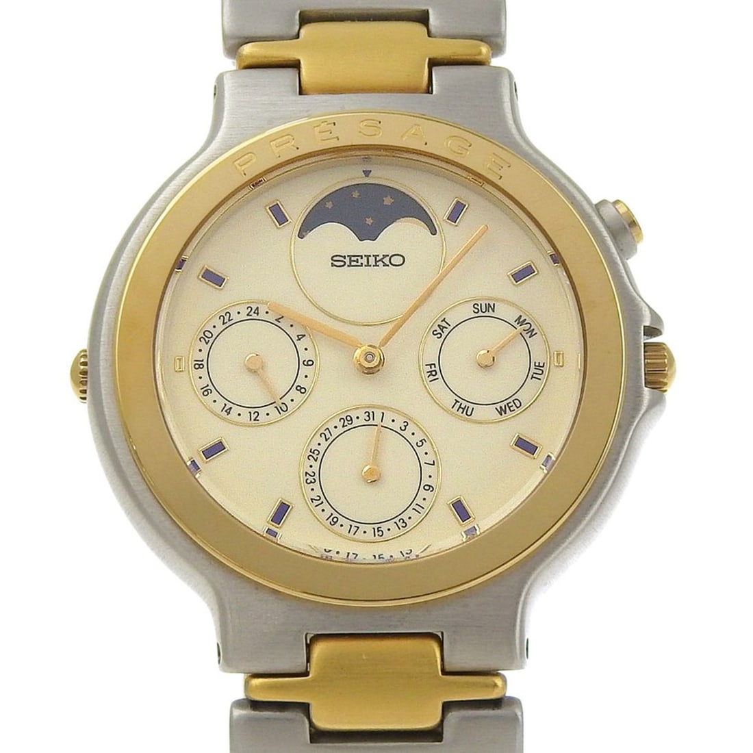 Seiko Presage Women's Moon Face Watch 7F38-6040 Stainless Steel Quartz Chronograph with Ivory Dial: --- Catalog ---Category: SizeWrist Size: 19cm / 7.48''Case Diameter: 35mm / 1.38''Category: DesignType: WristwatchGender: WomenColor (Dial): IvoryMaterial (Band): Stainless steelMaterial (Case): Stain
