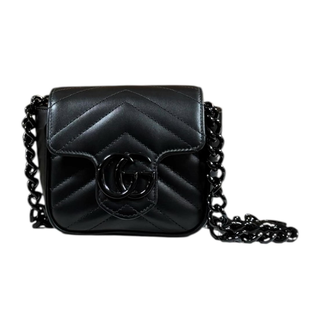 Gucci Mini Pochette GG Marmont Shoulder Bag, Leather 739599, Black, Women's, Pre-owned GUCCI Belt (1 of 12)