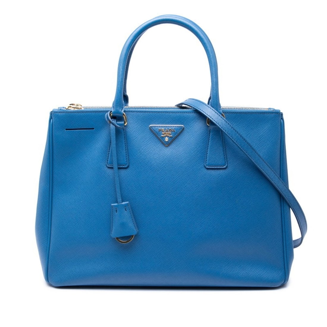 Prada Galleria Tote Bag with Triangle Logo Plate, Blue Saffiano Leather, Women's, PRADA: --- Catalog ---Category: SizeStrap Drop: 45cm / 17.71''Handle Drop: 11.00cm / 4.33''Size (HxWxD): 24cm x 34cm x 15cm / 9.44'' x 13.38'' x 5.9''Category: DesignType: Handbag, Tote bagColor: BlueGender: