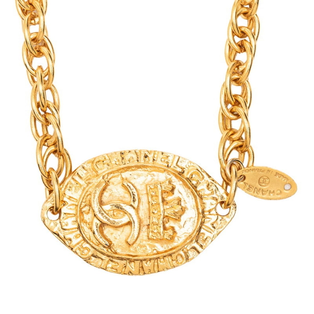 Vintage Chanel Coco Mark Chain Necklace, Gold Plated, Men's: --- Catalog ---Category: SizePendant Size: 35.1mm x 22.5mm / 1.38'' x 0.88''Neck Circumference: 88 cm / 34.64''Category: DesignColor: GoldGender: MenSeason: VintageNecklace Type: NecklaceCategory: Gen