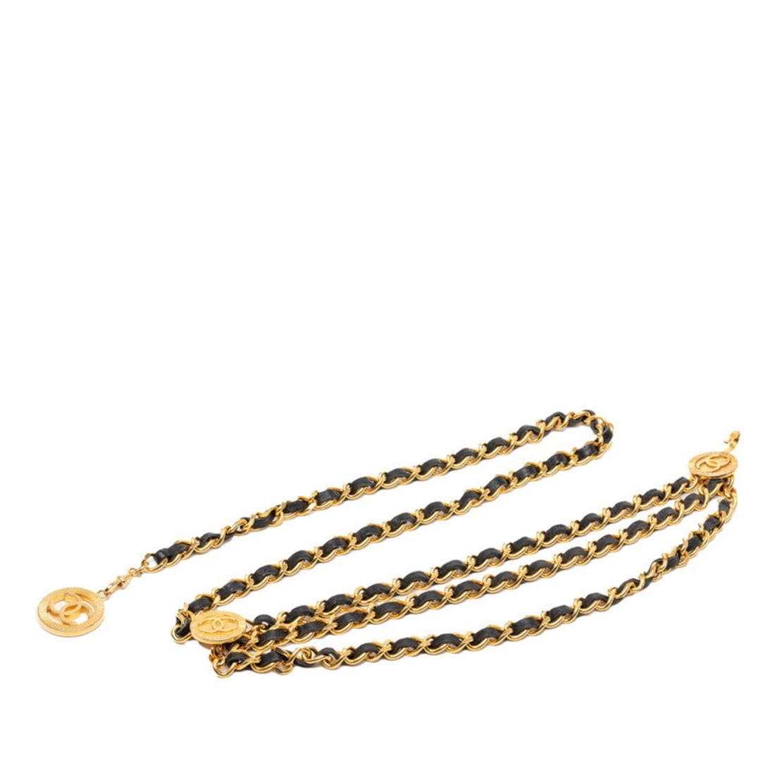 CHANEL 1984 Coco Mark Vintage Chain Belt, 3-Row Gold and Black Plated Leather, Women's: --- Catalog ---Category: SizeWidth: 9mm / 0.35''Length: 85cm / 33.46''Category: DesignType: Chain beltColor: Black, GoldGender: WomenSeason: VintageMaterial (Strap): Leather Category: GeneralBrand: Ch