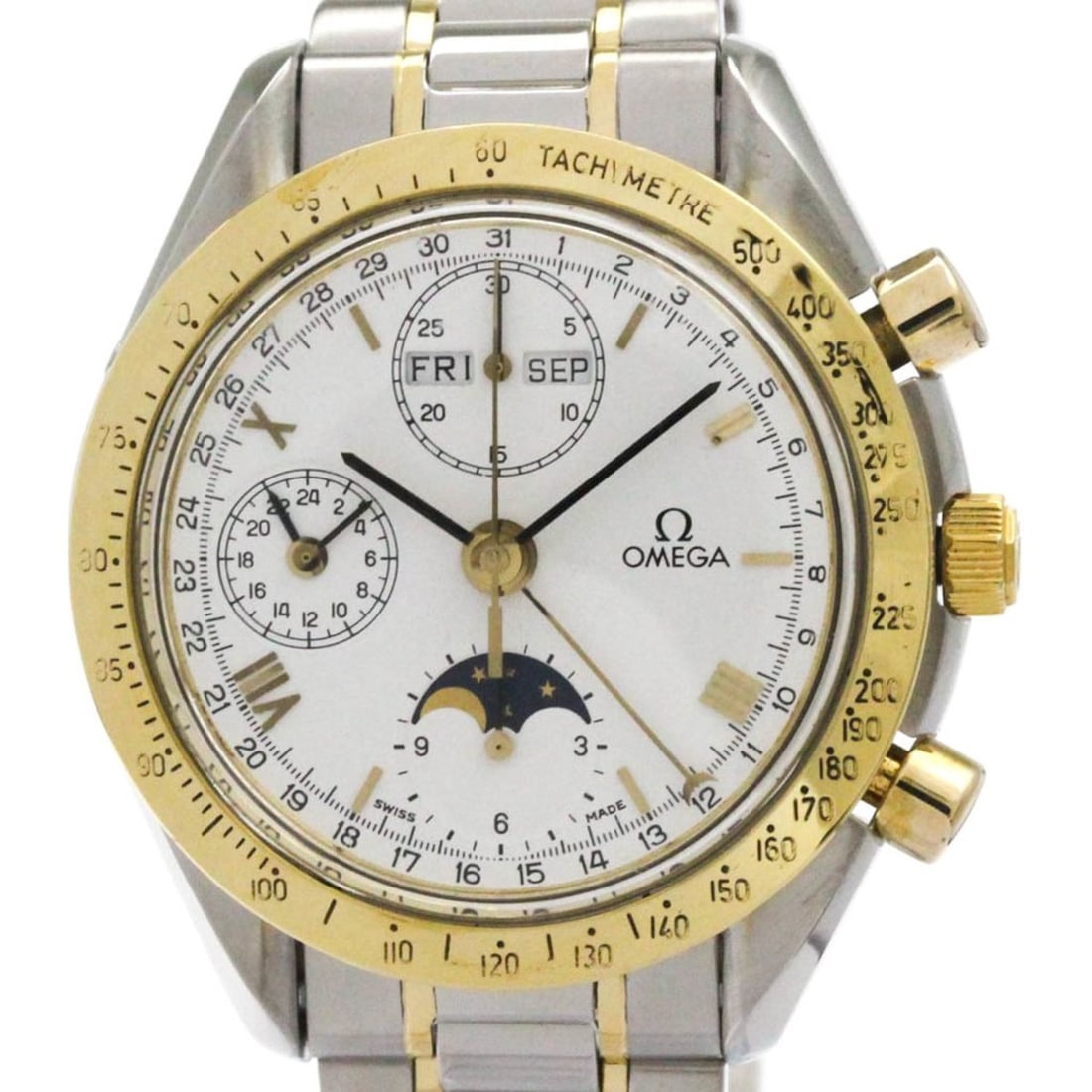 OMEGA Speedmaster Triple Date Moonphase 18K Gold Watch 3336.20 Polished: --- Catalog ---Category: SizeCase Diameter: 39mm / 1.54''Category: DesignType: WristwatchStyle: SportGender: MenColor (Dial): WhiteMaterial (Band): Stainless steel, Yellow gold (18K)Material (Case): S
