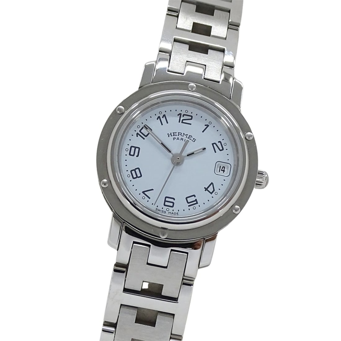 Hermès Clipper Date Quartz Watch for Women, Stainless Steel, CL4.210, Silver/White, Polished: --- Catalog ---Category: SizeWrist Size: 17cm / 6.69''Case Diameter: 24mm / 0.94''Category: DesignType: WristwatchGender: WomenColor (Dial): WhiteMaterial (Band): Stainless steelMaterial (Case):