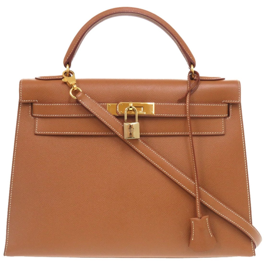 Hermes Excellent condition Hermès Kelly 32 handbag, brown, with exterior stitching, gold clasp,: --- Catalog ---Category: SizeSize (HxWxD): 23cm x 32cm x 12cm / 9.05'' x 12.59'' x 4.72''Category: DesignType: HandbagColor: GoldGender: WomenMaterial: Courchevel leather Hardware Color: GoldCategory: