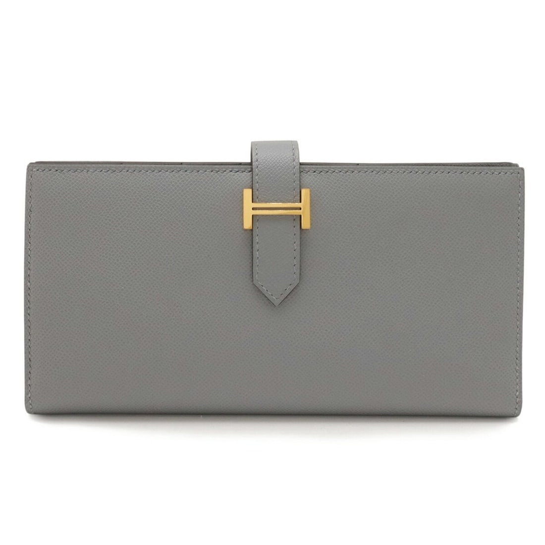 HERMES Bearn Soufflet Bi-fold Long Wallet Madame Leather Green Pantan Light Gray K Stamp (1 of 13)
