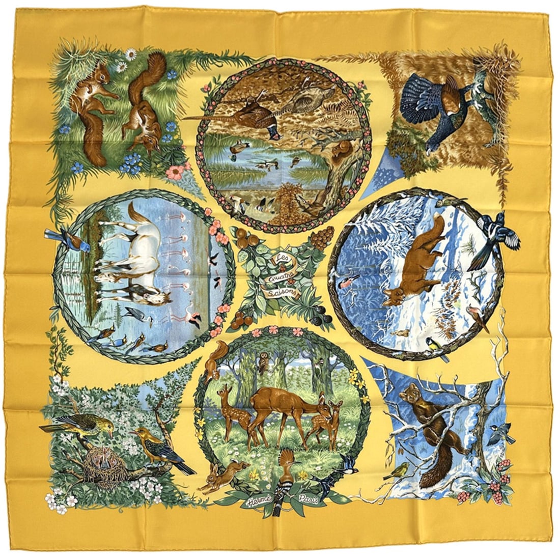 Hermes Hermès Carré 90 Scarf, "Les Quatre Saisons," Women's, Yellow Silk, Animal Print, Four (1 of 11)