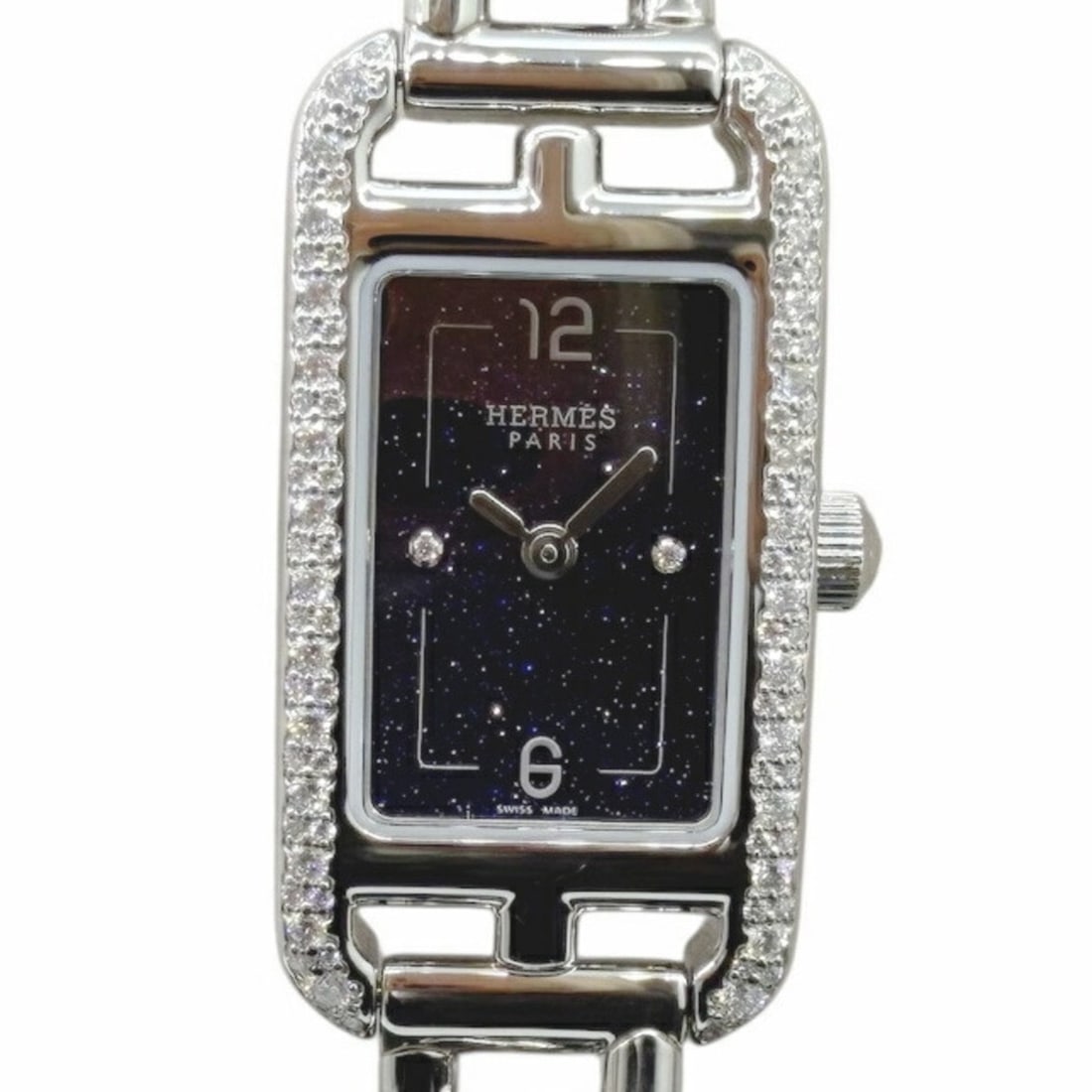 HERMES Nantucket PM Diamond Stainless Steel Aventurine Dial Navy Blue NA2.133 29mm Quartz Women's: --- Catalog ---Category: SizeWrist Size: 15cm / 5.9''Case Diameter: 29mm / 1.14''Category: DesignType: WristwatchGender: WomenColor (Dial): NavyMaterial (Band): Stainless steelMaterial (Case): Stainle