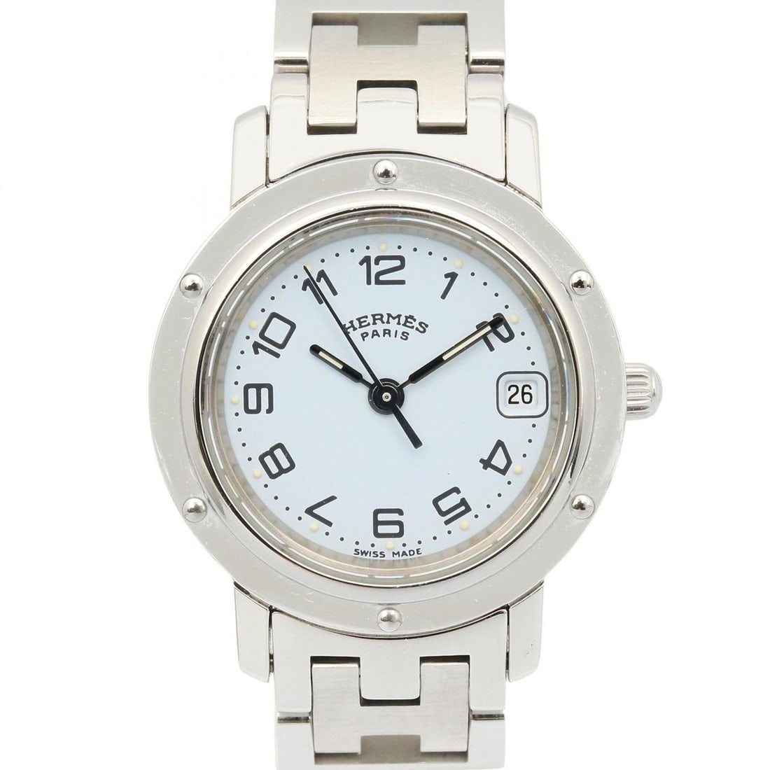Hermès Clipper Watch, Stainless Steel, Women's, White, CL4.210: --- Catalog ---Category: SizeWrist Size: 14cm / 5.51''Case Diameter: 24mm / 0.94''Category: DesignType: WristwatchGender: WomenColor (Dial): WhiteMaterial (Band): Stainless steelMaterial (Case): Stain