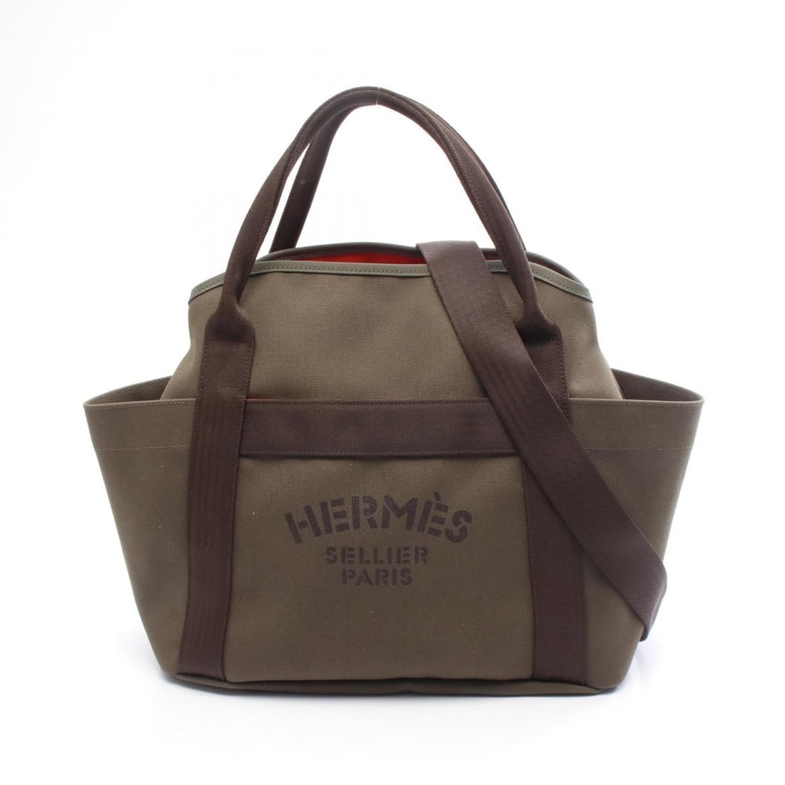 Hermes Hermès Sac de Pansage Groom Tote Bag, Canvas Toile Militaire, Chevron, Women's, Khaki and (1 of 12)