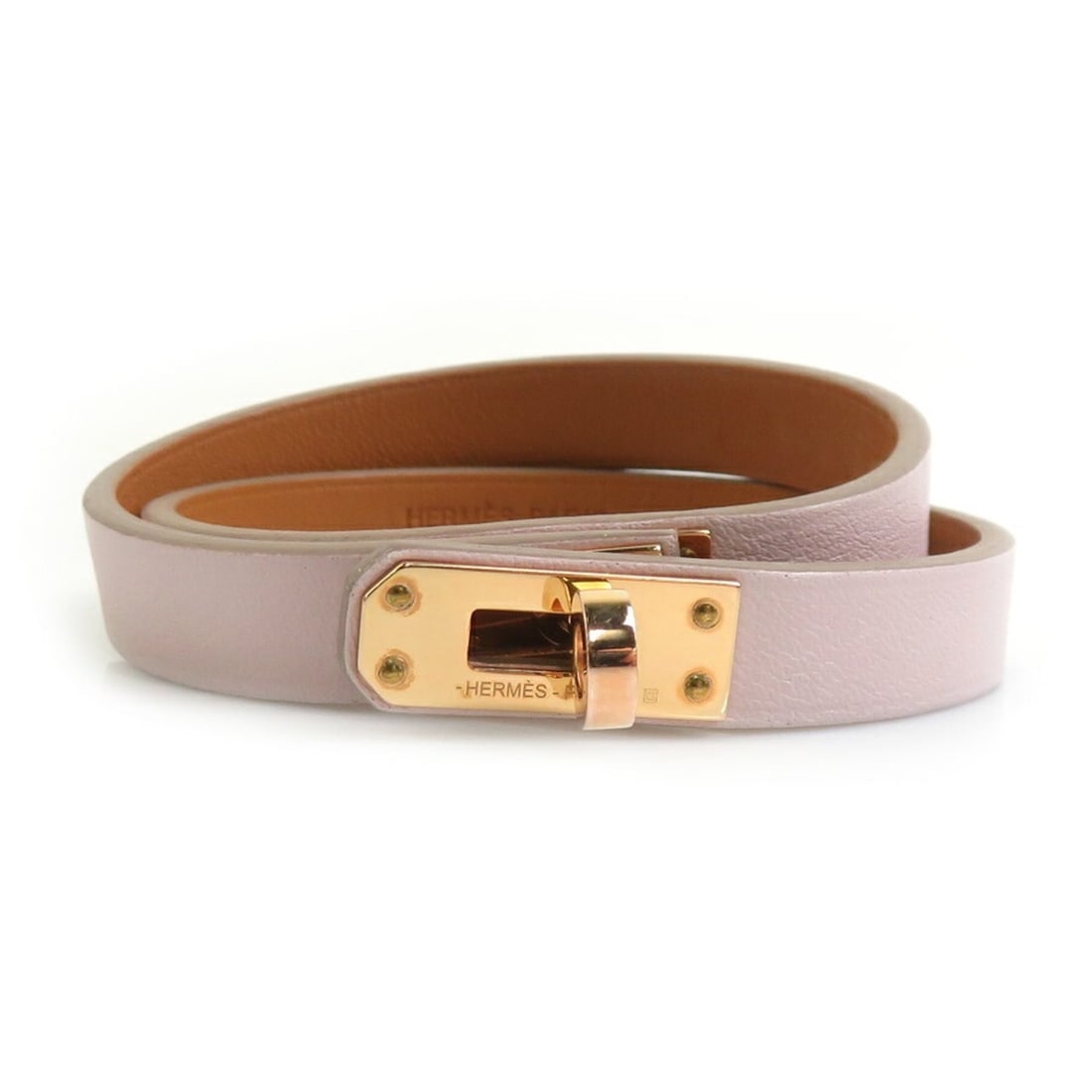 Hermes Hermès Mini Kelly Double Tour Bracelet in Leather/Metal and Mauve Pink/Pink Gold, Women's,: --- Catalog ---Category: SizeWidth: 1cm / 0.39''Length: 37cm / 14.56''Category: DesignType: Charm braceletColor: Pink, Pink goldGender: WomenMaterial: Leather, MetalCategory: GeneralBrand: