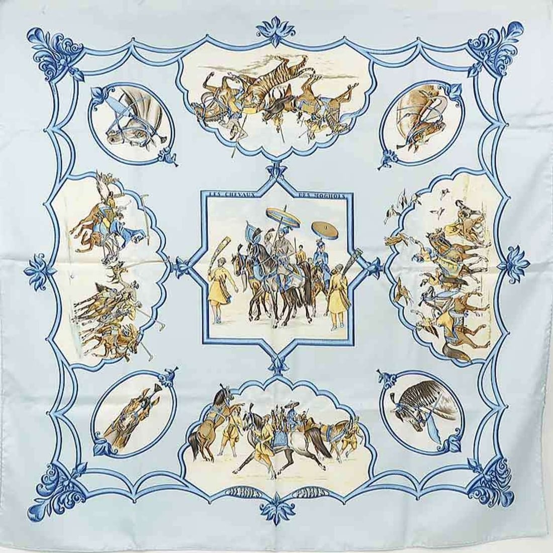 Hermès HERMES Scarf/Muffler "Les Chevaux des Moghols" Carré 90 Silk Light Blue/Multicolor Women's: --- Catalog ---Category: SizeSize (LxW): 87.5cm x 88.5cm / 34.44'' x 34.84''Category: DesignType: ScarfColor: Light blue, Multi-colorGender: WomenMaterial: Silk Category: GeneralBrand: HermesCountry o