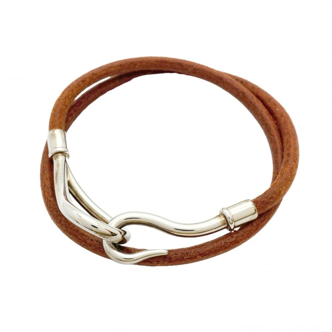Hermes Jumbo Hook Bracelet, Metal, Leather, Silver, Brown, Women's (1 of 11)