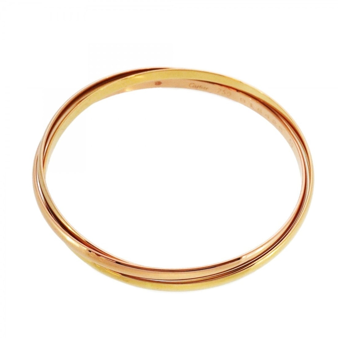 Cartier Trinity Bangle in 18K Yellow Gold, 18KWG White and 18KPG Pink Gold for Women: --- Catalog ---Category: SizeLength: 18cm / 7.08''Category: DesignType: BangleGender: WomenMaterial: Pink gold (18K), White gold (18K), Yellow gold (18K)Category: GeneralBrand: Cartier--- Item List --