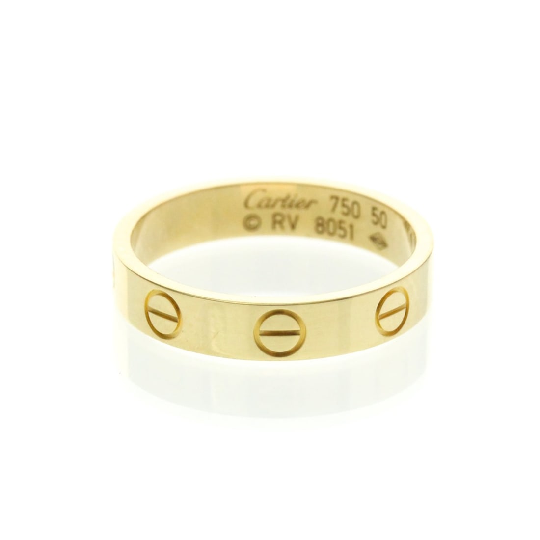 Cartier Mini Love Ring Yellow Gold (18K) Fashion No Stone Band Ring Gold: --- Catalog ---Category: SizeWidth: 3.5mm / 0.14''Weight: 3g / 0.1oz.JP Size: 10US Size: 5 1/4Brand Size: 50Category: DesignType: Band ringColor: GoldMetal: GoldStone: No StoneStyle: FashionGender: Me