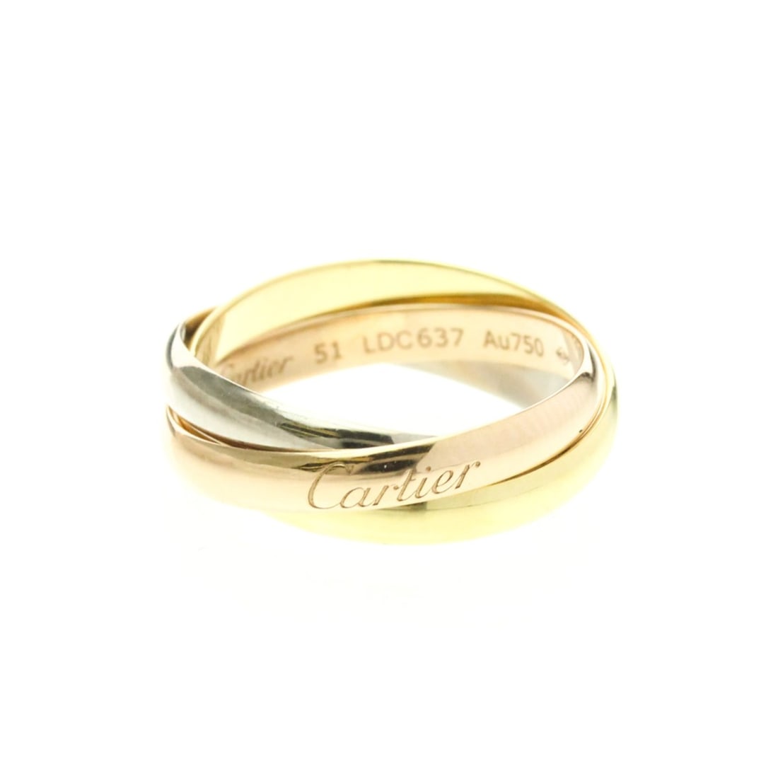 Cartier Trinity Yellow Gold (18K),Pink Gold (18K),White Gold (18K) Fashion No Stone Band Ring Gold: --- Catalog ---Category: SizeWidth: 2.9mm / 0.11''Weight: 4.8g / 0.16oz.JP Size: 11US Size: 5 3/4Brand Size: 51Category: DesignType: Band ringColor: GoldMetal: Gold, White GoldStone: No StoneStyle: Fa