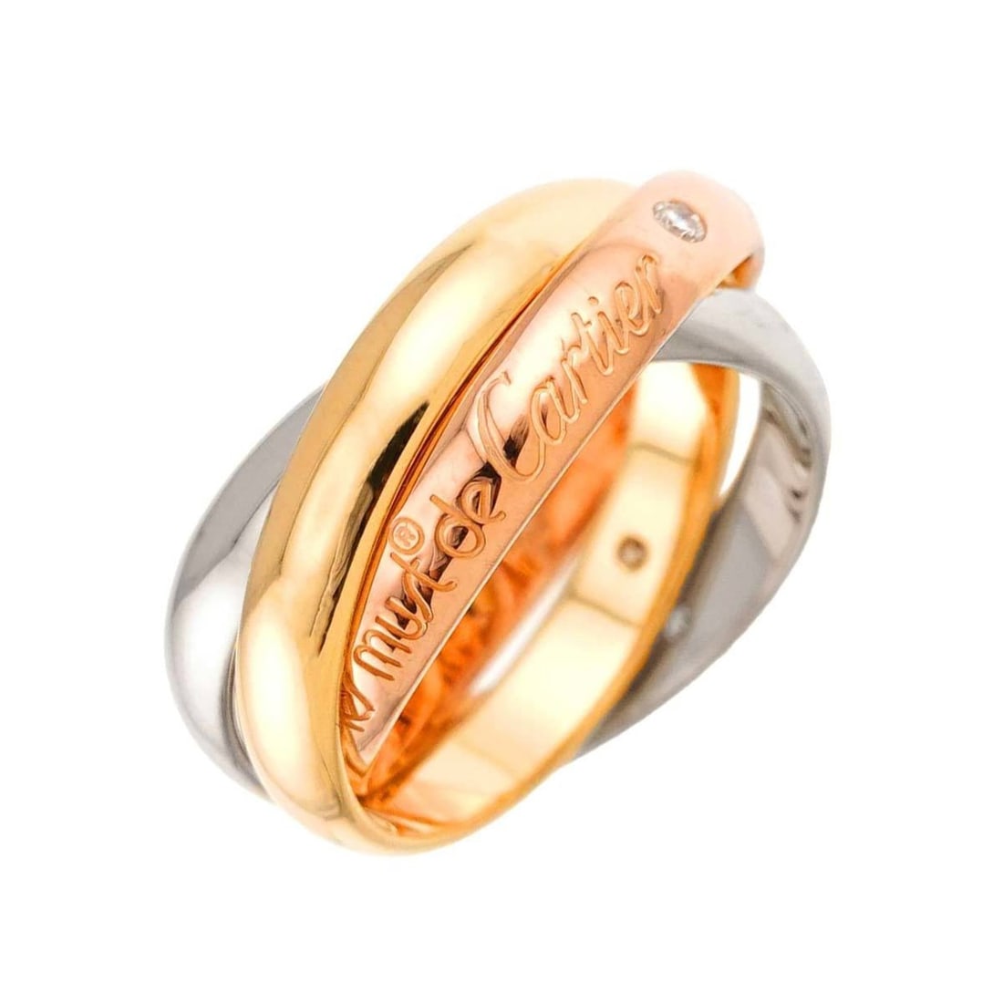 Cartier Trinity Medium MM #48 Ring with 3 Diamonds, 18K Yellow Gold, White and PG, 3-Row,: --- Catalog ---Category: SizeUS Size: 4.5Brand Size: 48Category: DesignType: Band ringStone: DiamondGender: WomenMaterial: Pink gold (18K), White gold (18K), Yellow gold (18K)Category: GeneralBrand: C