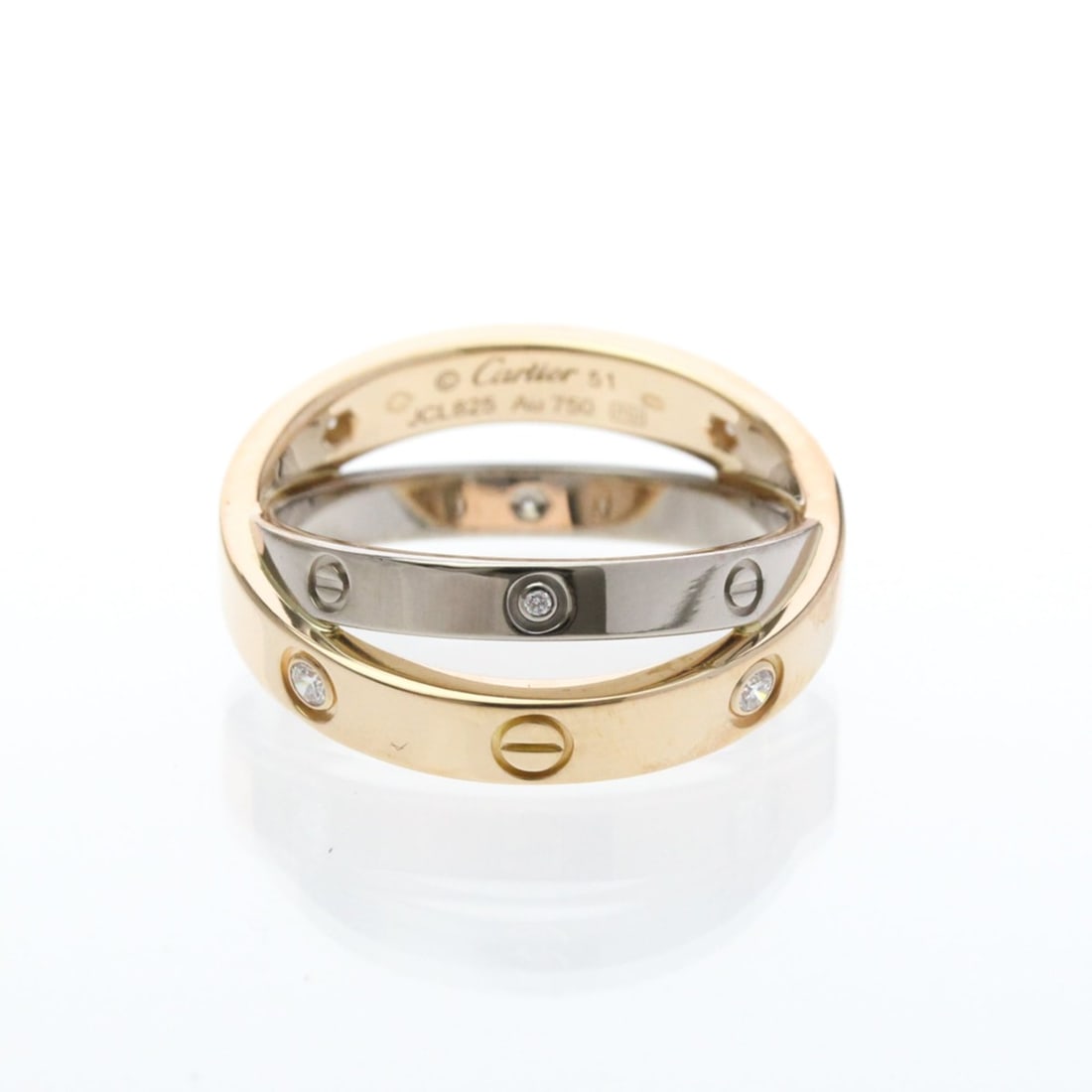 Cartier Be Love Ring Pink Gold (18K),White Gold (18K) Fashion Diamond Band Ring Silver,Pink Gold: --- Catalog ---Category: SizeWidth: 7.7mm / 0.3''Weight: 6.6g / 0.23oz.JP Size: 11US Size: 5 3/4Brand Size: 51Category: DesignType: Band ringColor: Pink gold, SilverMetal: Gold, White GoldStone: