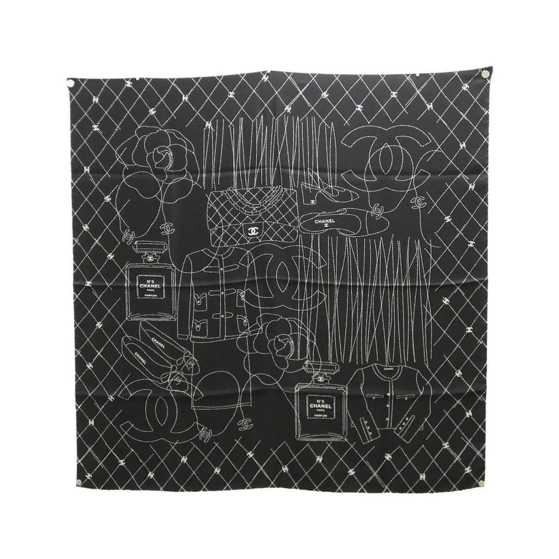 Chanel AA8381 Scarf Muffler: --- Catalog ---Category: SizeSize (LxW): 90cm x 90cm / 35.43'' x 35.43''Category: DesignType: ScarfColor: Black, WhiteGender: WomenMaterial: Silk Category: GeneralBrand: Chanel--- Item List