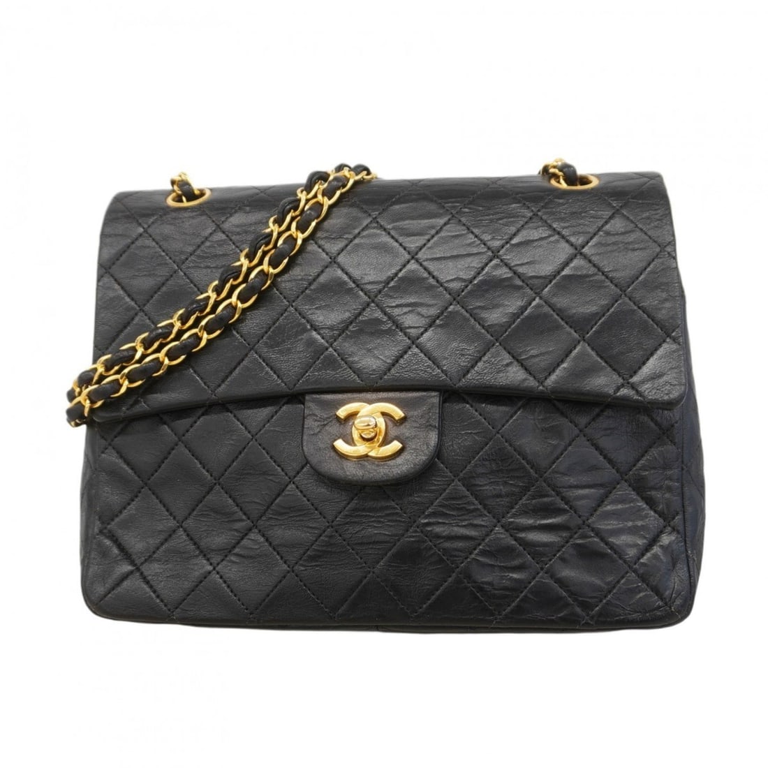 Chanel Matelasse Shoulder Bag with Double Flap and Chain, Lambskin, Black, Women's: --- Catalog ---Category: SizeSize (HxWxD): 21cm x 25cm x 7cm / 8.26'' x 9.84'' x 2.75''Category: DesignType: Shoulder bagColor: BlackGender: WomenMaterial: Leather Hardware Color: GoldLeather/Fur