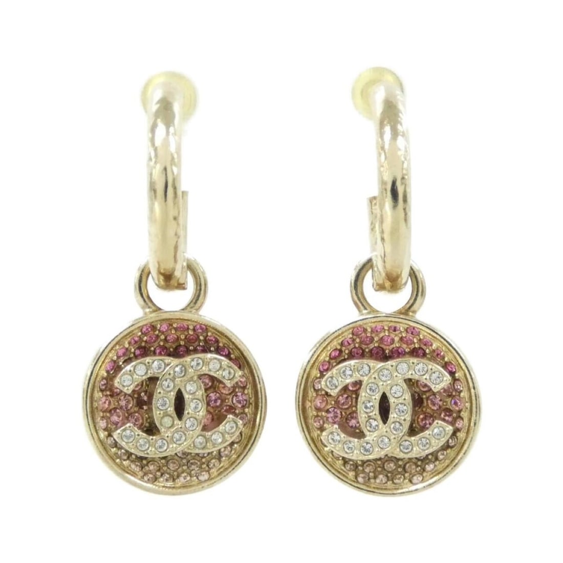 Chanel earrings: --- Catalog ---Category: SizeSize (HxWxD): 35.00mm x 16.00mm / 1.38'' x 0.63''Category: DesignType: Stud earringsColor: Gold, PinkStone: CrystalGender: WomenCategory: GeneralBrand: Chanel--- Item List