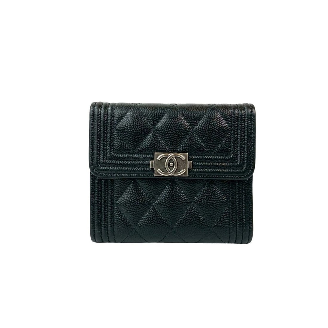 CHANEL Matelasse Coco Mark Leather and Caviar Skin Tri-fold Wallet, Black, 02356: --- Catalog ---Category: SizeSize (HxWxD): 10.5cm x 11.5cm x 2.5cm / 4.13'' x 4.52'' x 0.98''Category: DesignType: Wallet (tri-fold)Color: BlackGender: WomenMaterial: Grained Calfskin Category: