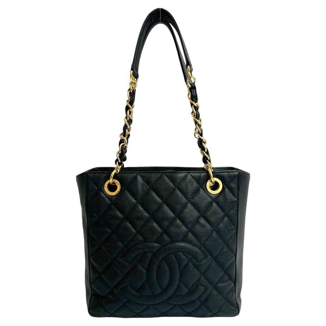 CHANEL Matelasse Coco Mark Caviar Leather Chain Tote Bag Handbag Black 26338: --- Catalog ---Category: SizeSize (HxWxD): 23.5cm x 23cm x 8.5cm / 9.25'' x 9.05'' x 3.34''Category: DesignType: Handbag, Tote bagColor: BlackGender: WomenMaterial: Grained Calfskin Category: