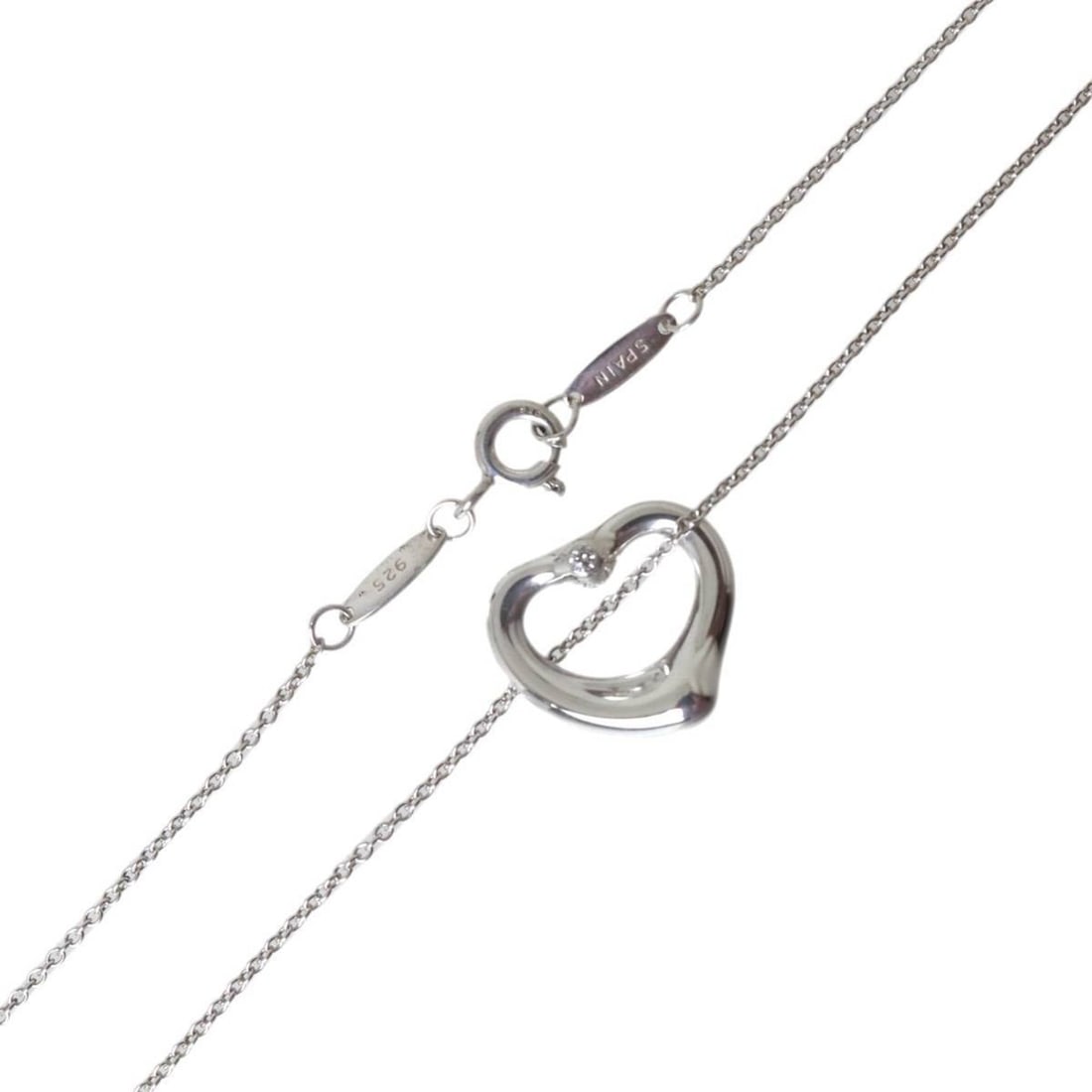 Tiffany & Co. 2-Piece Diamond Heart Elsa Peretti Necklace in Silver 925, 16.5 inches (40.5 cm): --- Catalog ---Category: SizeWidth: 1.1mm / 0.04''Weight: 3.3g / 0.11oz.Pendant Size: 13.8mm x 15.5mm / 0.54'' x 0.61''Neck Circumference: 40.5 cm / 15.94''Category: DesignStone: DiamondGender: WomenM