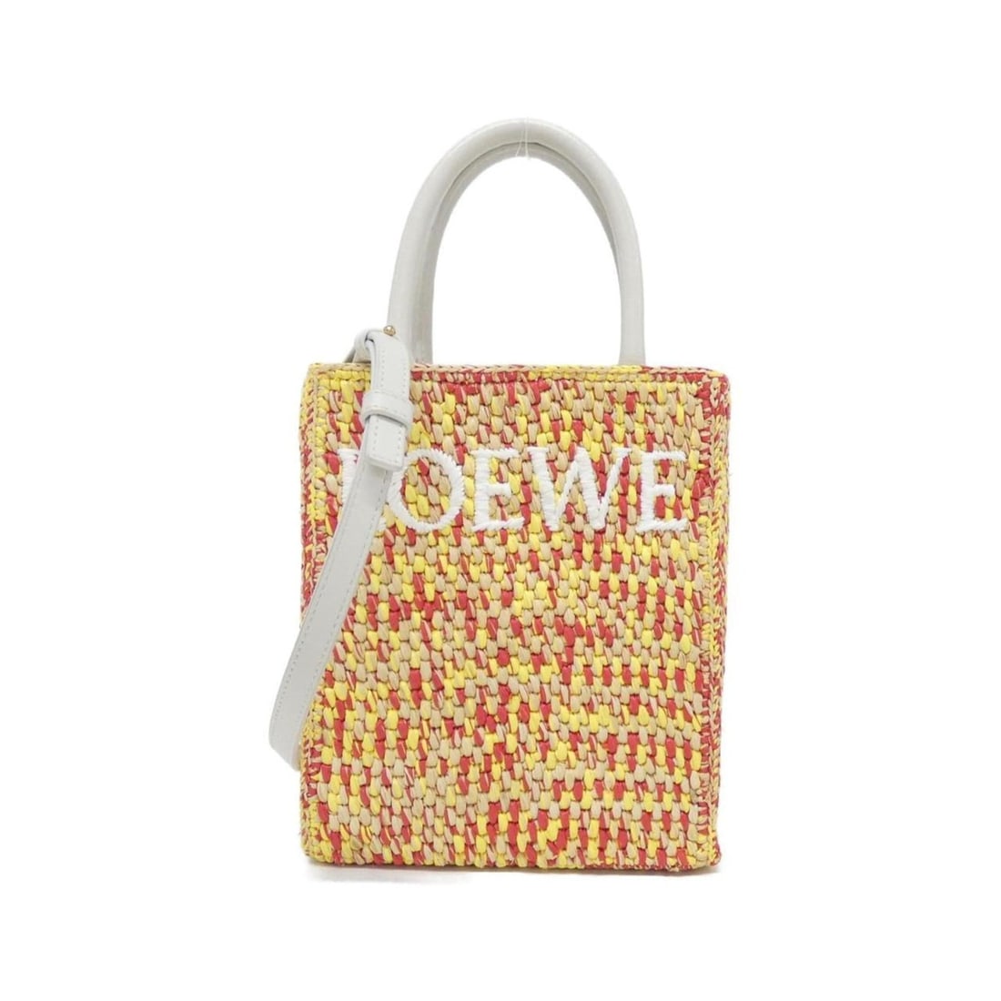 Loewe A563S30X10 handbag: --- Catalog ---Category: SizeSize (HxWxD): 21cm x 18cm x 6.5cm / 8.26'' x 7.08'' x 2.55''Category: DesignType: HandbagColor: Multi-color, WhiteGender: WomenMaterial: Raffia , Leather Category: