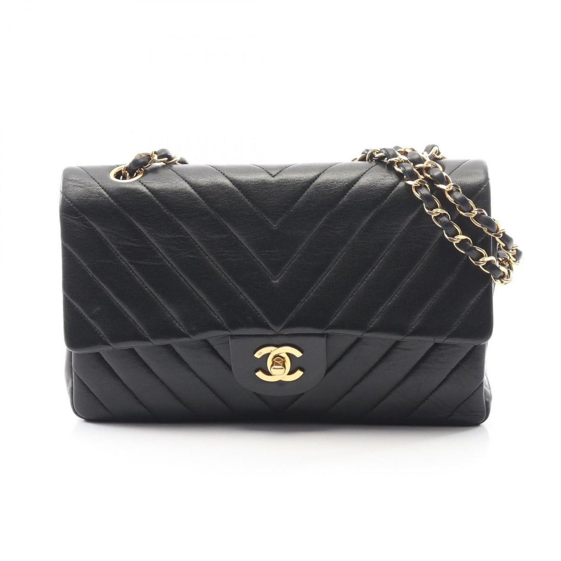 CHANEL Chevron V-Stitch Double Flap Shoulder Bag/Handbag in Lambskin Leather, Black (1 of 13)