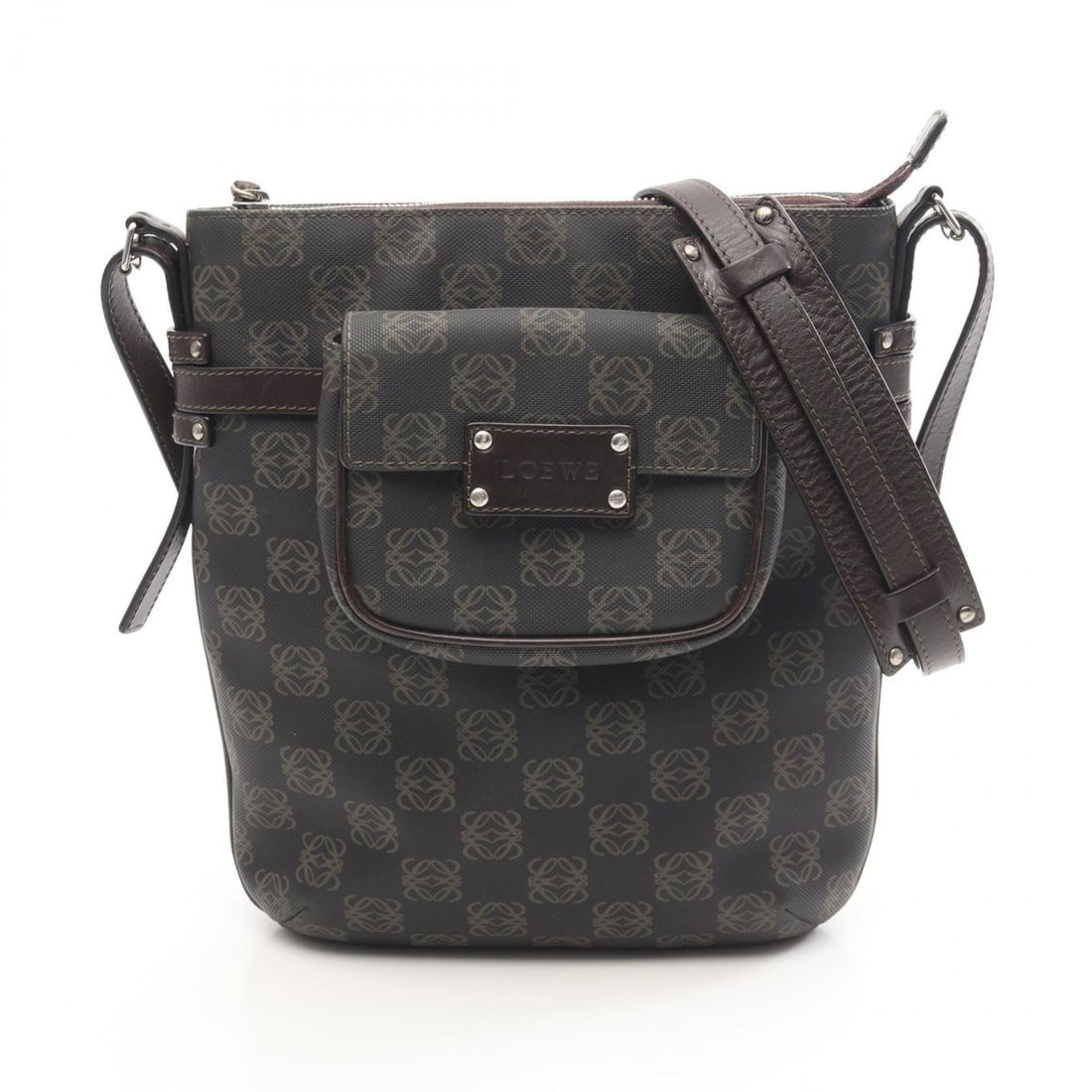 LOEWE Anagram Shoulder Bag/Handbag in Coated Canvas and Leather, Women's, Gray Brown: --- Catalog ---Category: SizeSize (HxWxD): 27cm x 24cm x 7cm / 10.62'' x 9.44'' x 2.75''Category: DesignType: Handbag, Pouch, Shoulder bagColor: Brown, GrayGender: WomenMaterial: Coated canvas , Leath