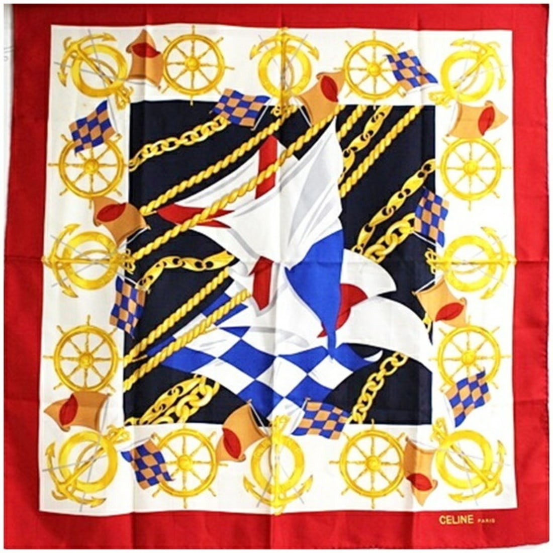 Celine silk scarf/muffler in white, navy, and red for women: --- Catalog ---Category: SizeSize (LxW): 88cm x 86cm / 34.64'' x 33.85''Category: DesignType: ScarfColor: Navy, Red color, WhiteGender: WomenMaterial: Silk Category: GeneralBrand: Celine--- Item List