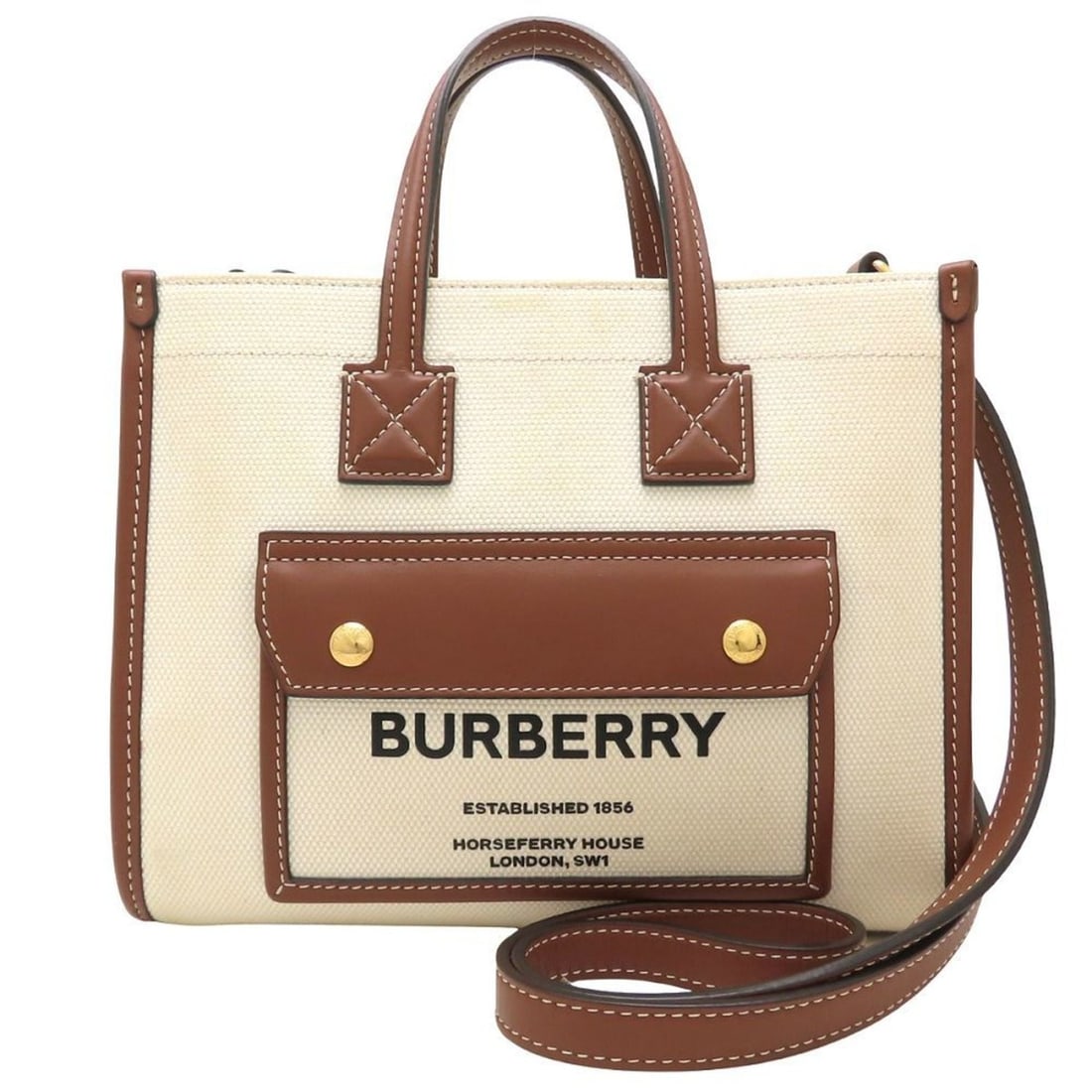 BURBERRY 8044143 2-Way Handbag Canvas and Leather Ivory Brown Women's 353118 (1 of 14)