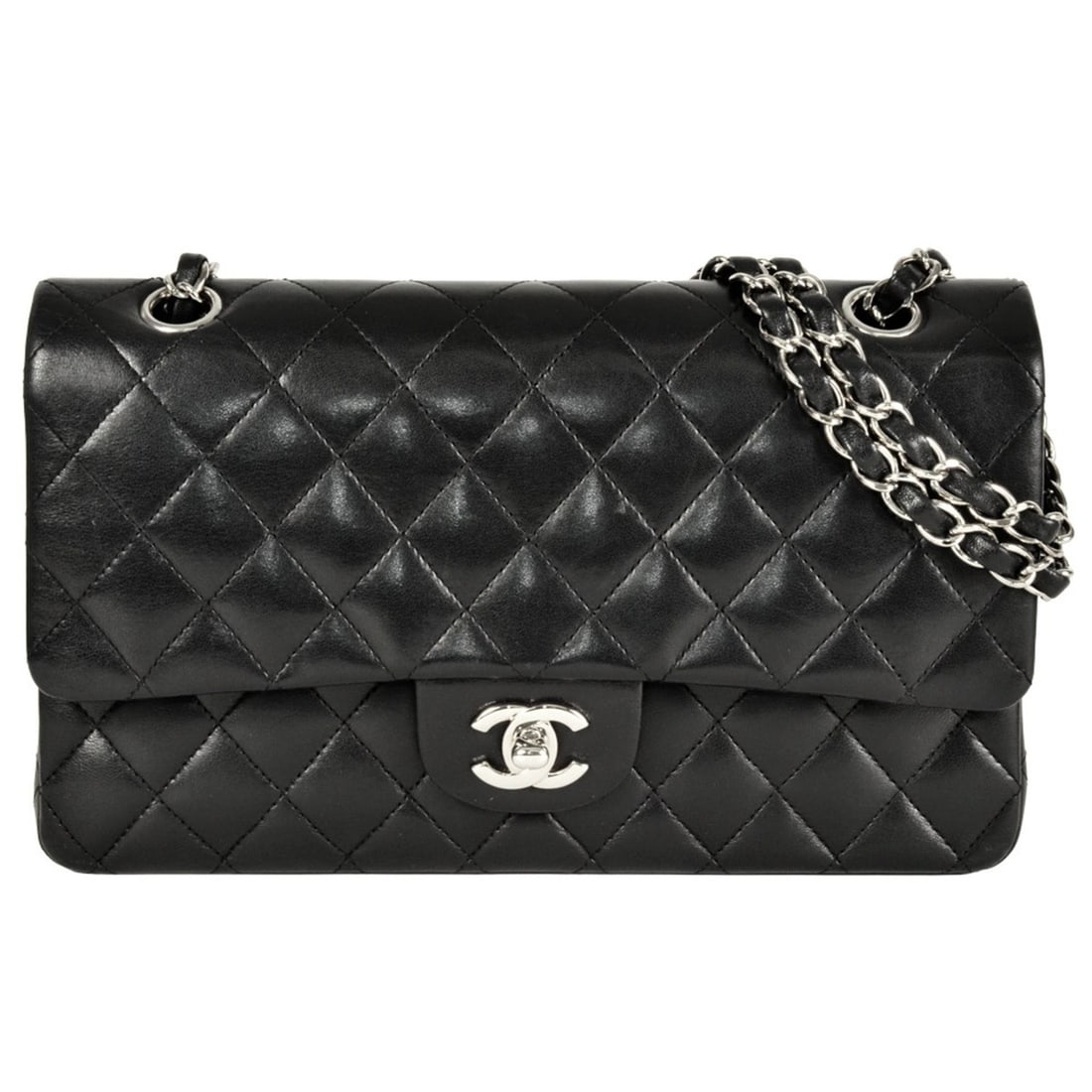 CHANEL Coco Mark Matelasse 25 Double Flap Chain Shoulder Bag in Lambskin (A01112) with Black and: --- Catalog ---Category: SizeSize (HxWxD): 16cm x 25cm x 7cm / 6.29'' x 9.84'' x 2.75''Category: DesignType: Shoulder bagColor: BlackGender: WomenMaterial: Leather Hardware Color: SilverLeather/Fur Ty