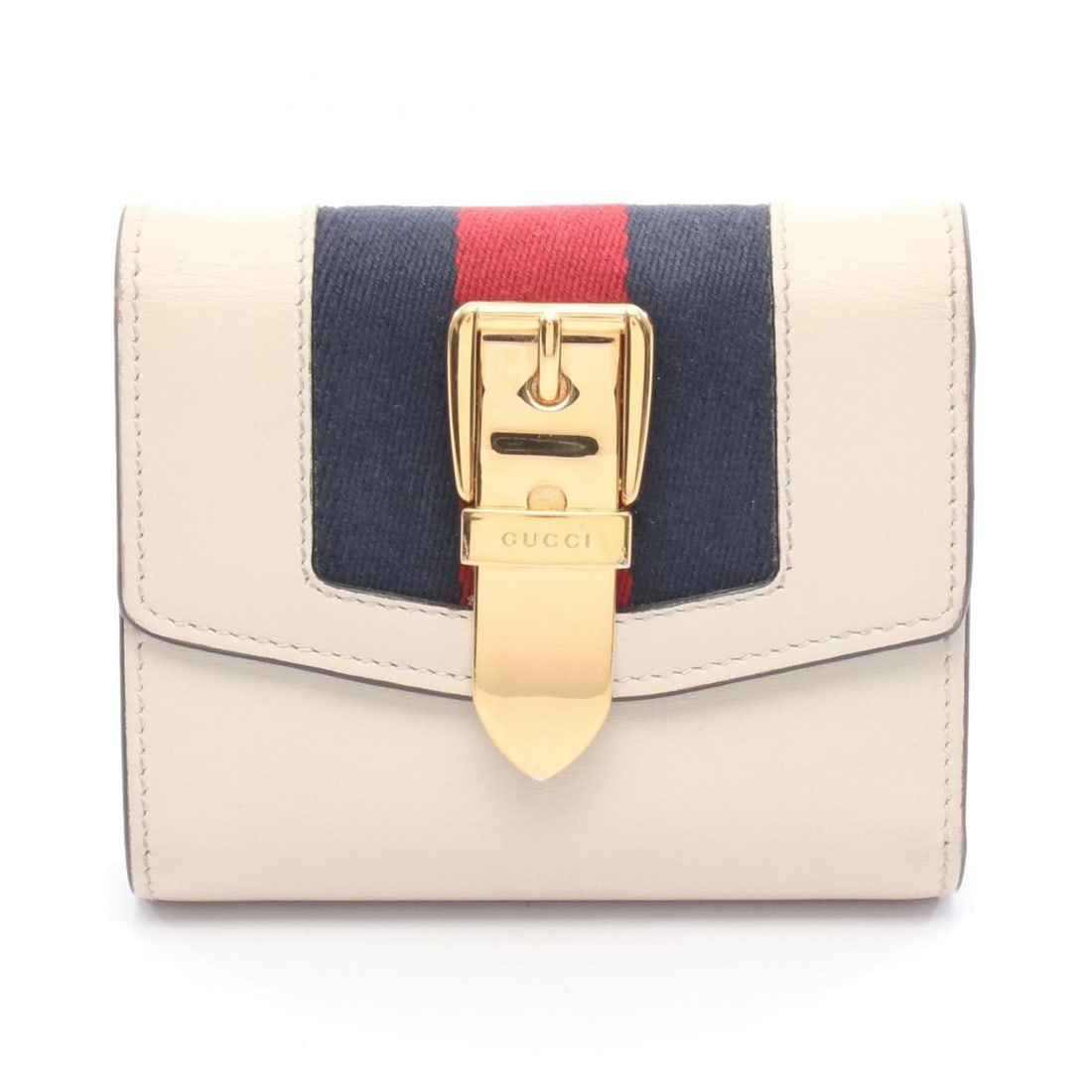 Gucci SYLVIE Web Line Tri-fold Wallet, Leather, Women's, Ivory, Navy, Red, 476081 (1 of 15)