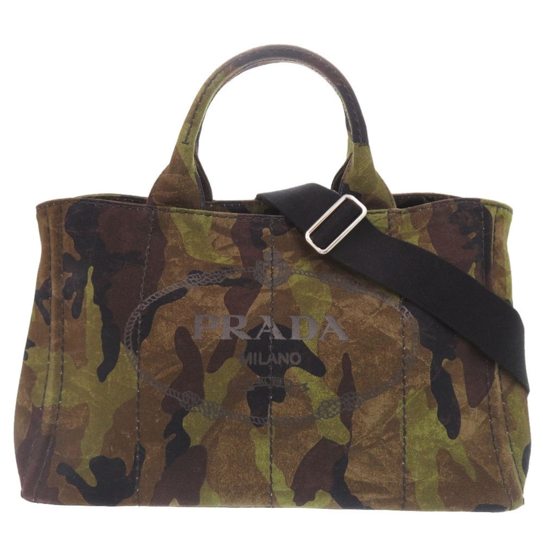 Excellent condition Prada Canapa camouflage canvas 2-way tote bag, handbag, and shoulder bag: --- Catalog ---Category: SizeSize (HxWxD): 23cm x 36cm x 23cm / 9.05'' x 14.17'' x 9.05''Category: DesignType: Handbag, Shoulder bag, Tote bagColor: CamouflageGender: WomenMaterial: Canvas Hardware Co