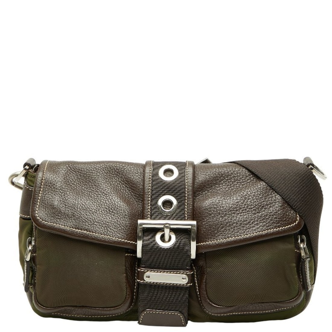 Prada Triangle Logo Plate One-Shoulder Bag BR2417 Khaki Brown Nylon Leather Women's PRADA: --- Catalog ---Category: SizeHandle Drop: 36.00cm / 14.17''Size (HxWxD): 17cm x 26cm x 9cm / 6.69'' x 10.23'' x 3.54''Category: DesignType: Shoulder bagColor: Khaki brownGender: WomenClosure: ZipperMa