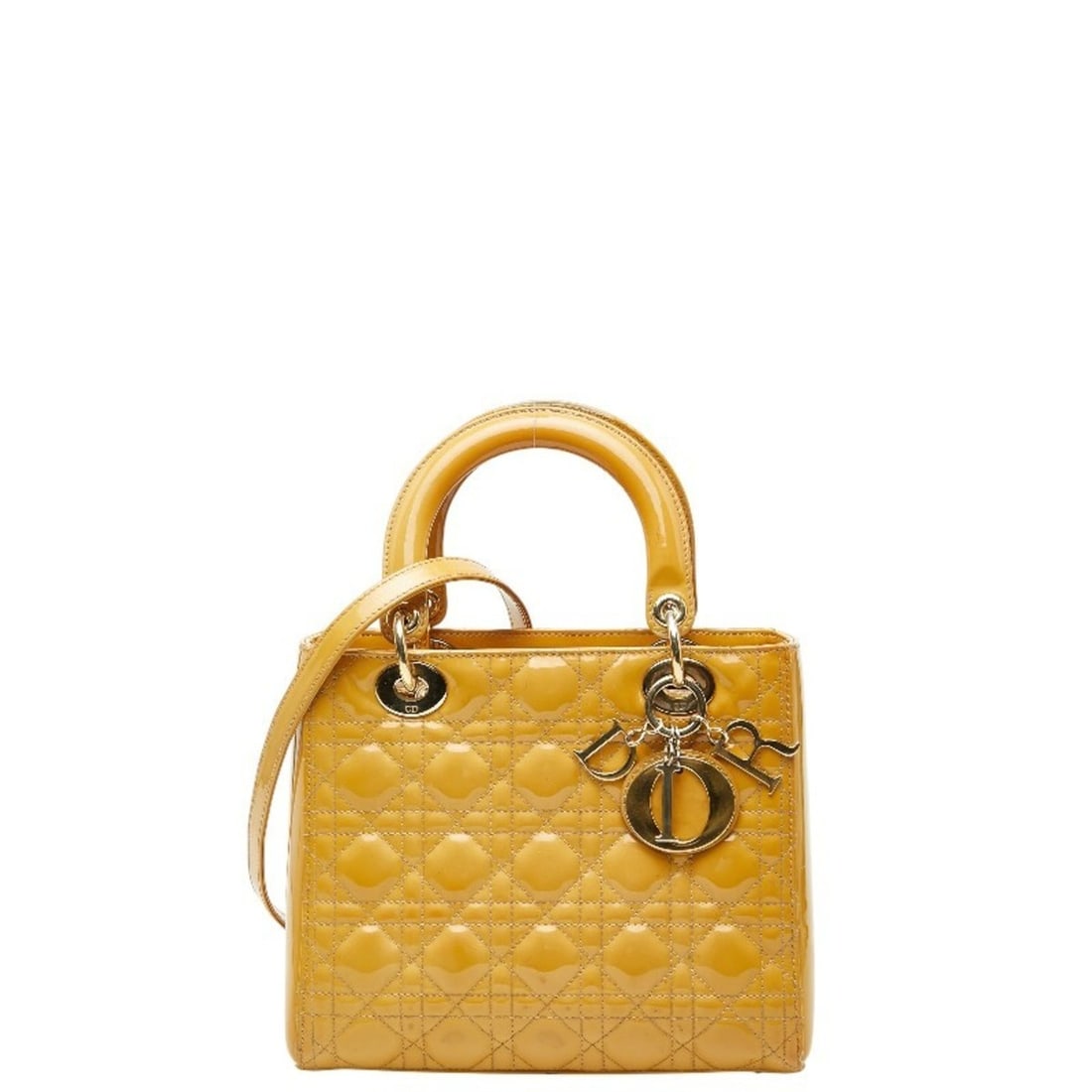 Christian Dior Cannage Lady Medium Handbag/Shoulder Bag, 2-Way, Yellow Patent Leather, Women's,: --- Catalog ---Category: SizeStrap Drop: 44cm / 17.32''Handle Drop: 10.00cm / 3.94''Size (HxWxD): 20cm x 23cm x 12cm / 7.87'' x 9.05'' x 4.72''Category: DesignType: Handbag, Shoulder bagColor: YellowG