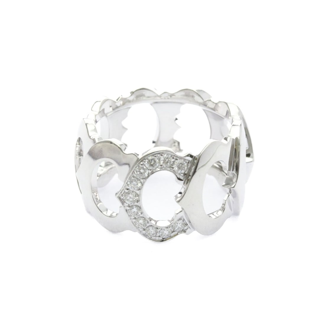 Cartier C Doing Diamond White Gold (18K) Fashion Diamond Band Ring Silver: --- Catalog ---Category: SizeWidth: 14mm / 0.55''Weight: 13.5g / 0.47oz.JP Size: 18US Size: 8 1/4Brand Size: 58Category: DesignType: Band ringColor: SilverMetal: White GoldStone: DiamondStyle: Fashion