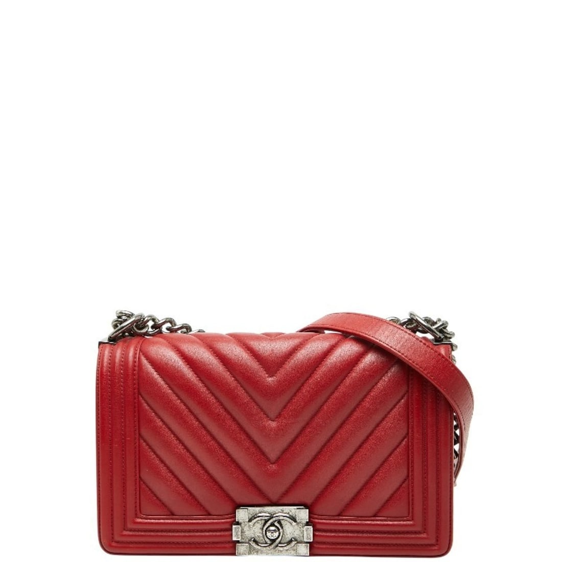 CHANEL Coco Mark Chevron V-Stitch Boy Chanel 25 Chain Shoulder Bag in Red Lambskin for Women (1 of 10)