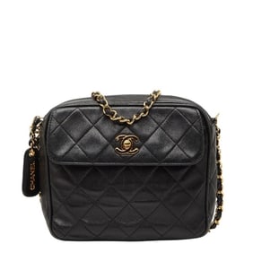 CHANEL Matelasse Coco Mark Vintage Chain Shoulder Bag in Black Lambskin with Gold Hardware, Women's