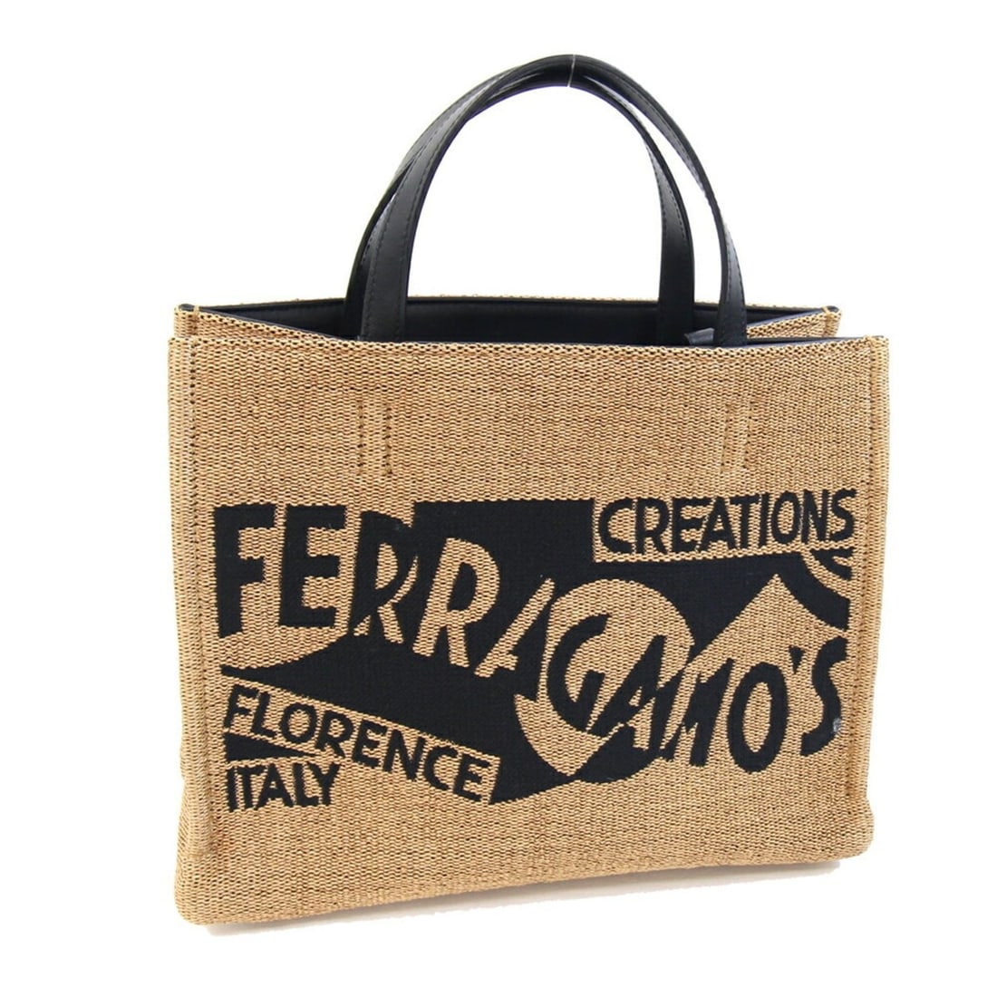 Salvatore Ferragamo Handbag 21 9407 Miele Black Fabric Leather Mini Hand Tote Bag with No Shoulder: --- Catalog ---Category: SizeSize (HxWxD): 20.5cm x 26cm x 14cm / 8.07'' x 10.23'' x 5.51''Category: DesignType: HandbagColor: Beige, BlackGender: WomenMaterial: Raffia , Leather Inner Pocket: Zipper