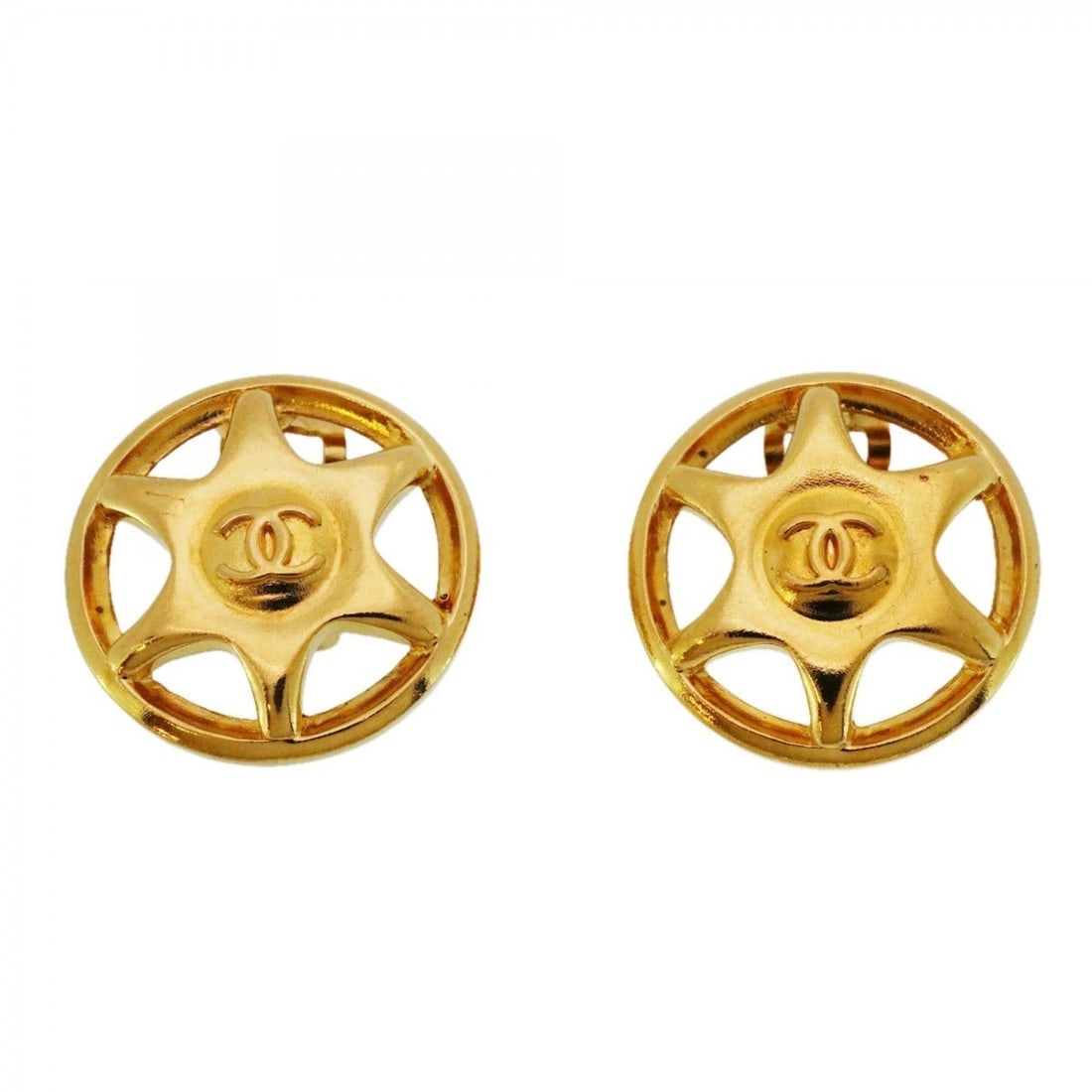 Chanel Coco Mark Circle Star Earrings, GP Plated Gold for Women: --- Catalog ---Category: SizeSize (HxWxD): 23.70mm x 23.80mm / 0.93'' x 0.94''Category: DesignType: Clip earringsColor: GoldGender: WomenMaterial: Gold platingCategory: GeneralBrand: Chanel--- Item Li