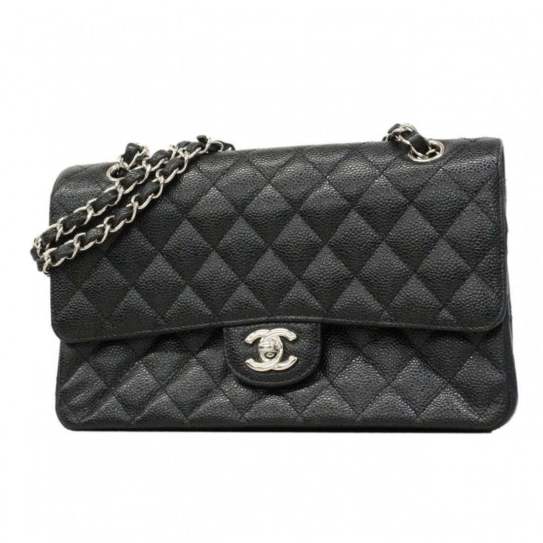 Chanel Matelasse Shoulder Bag with Double Flap and Chain, Caviar Skin, Black, Women's: --- Catalog ---Category: SizeSize (HxWxD): 16cm x 25cm x 6.5cm / 6.29'' x 9.84'' x 2.55''Category: DesignType: Shoulder bagColor: BlackGender: WomenMaterial: Grained Calfskin Hardware Color: SilverCat