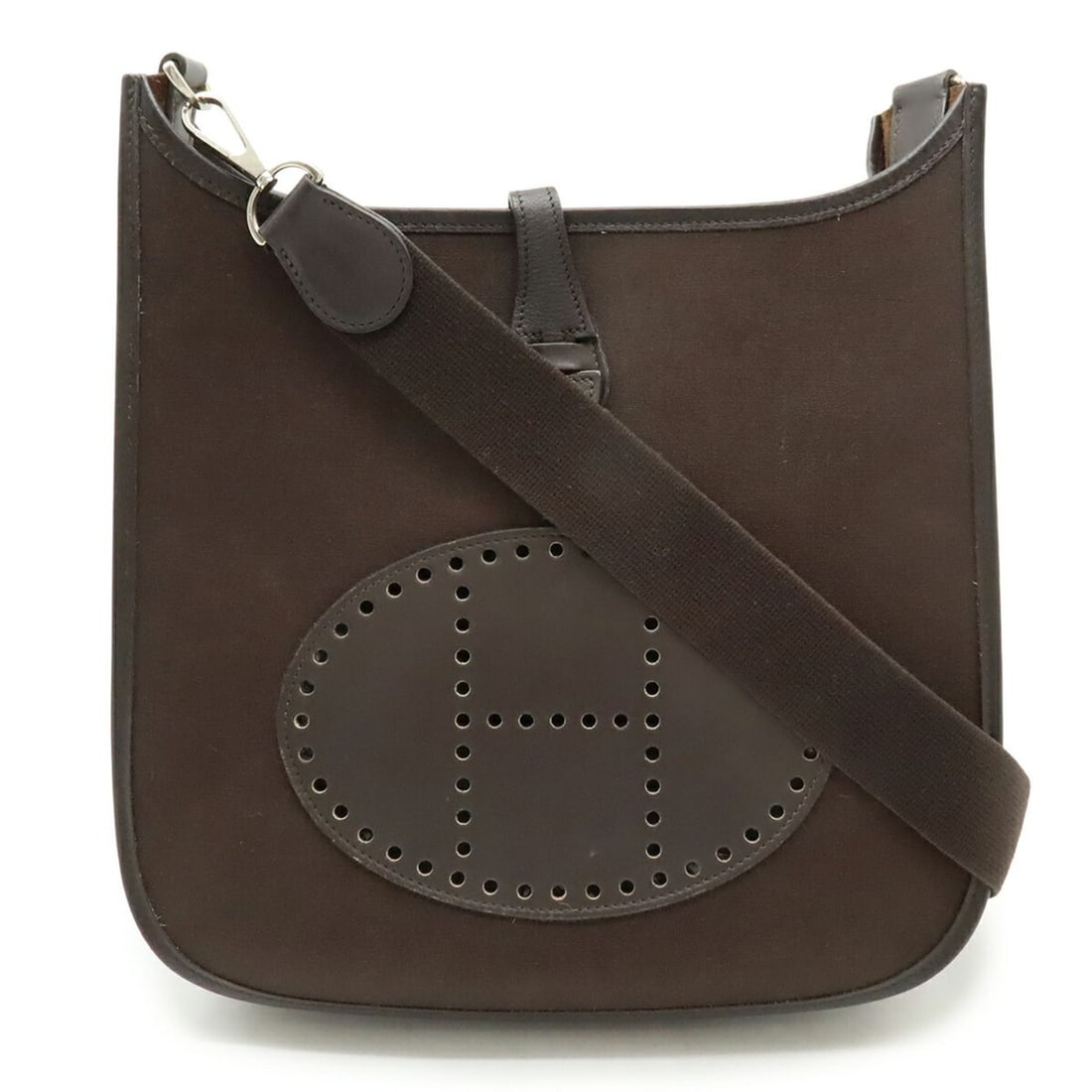 HERMES Evelyn II 2 PM Shoulder Bag in Toile Officier Canvas and Leather, Dark Brown, J Stamp: --- Catalog ---Category: SizeSize (HxWxD): 27.5cm x 28.5cm x 8cm / 10.82'' x 11.22'' x 3.14''Category: DesignType: Shoulder bagColor: Dark brown, WhiteGender: MenMaterial: Toile officier Category: Gen