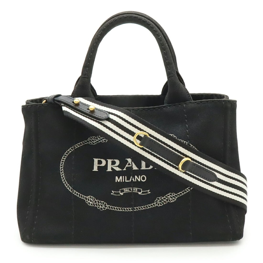 PRADA CANAPA Tote Bag, Shoulder Striped Canvas, NERO, Black, Purchased at a Japanese Boutique, (1 of 14)
