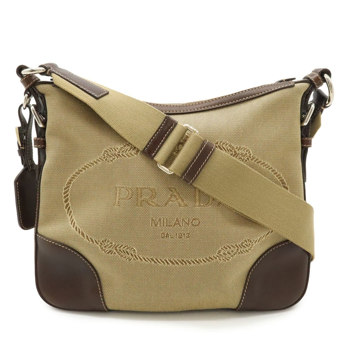 PRADA Jacquard Shoulder Bag in Canvas and Leather, Khaki Beige Dark Brown, BT0534 (1 of 11)