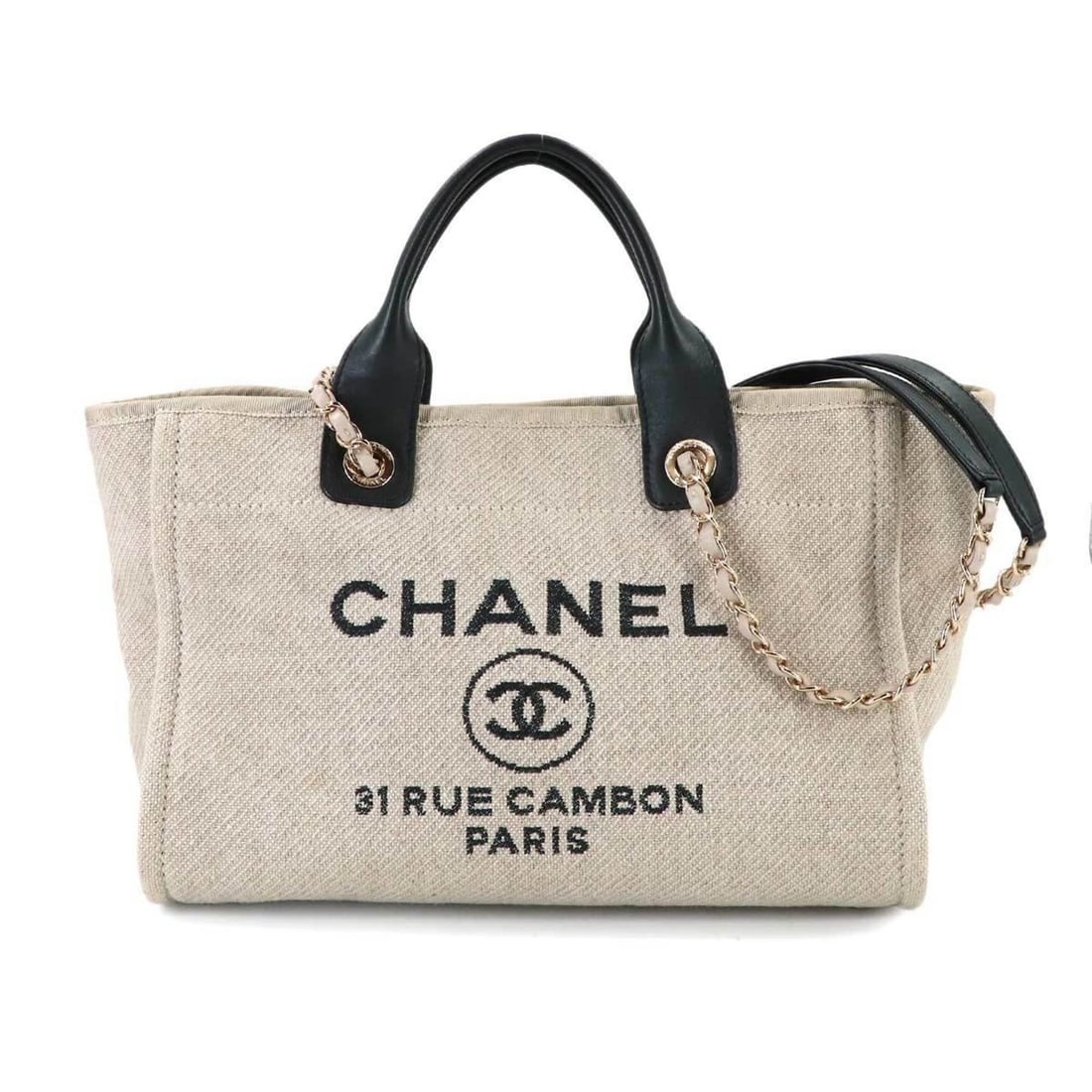 CHANEL Deauville Small 2-Way Tote with Chain Shoulder Bag, Canvas and Leather, Beige, AS3257 (1 of 11)