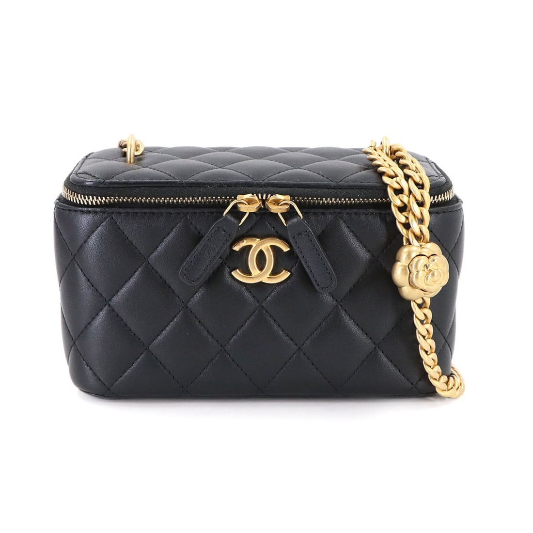 CHANEL Matelasse Small Vanity Case Chain Shoulder Handbag in Black Lambskin with Camellia Pattern (1 of 11)