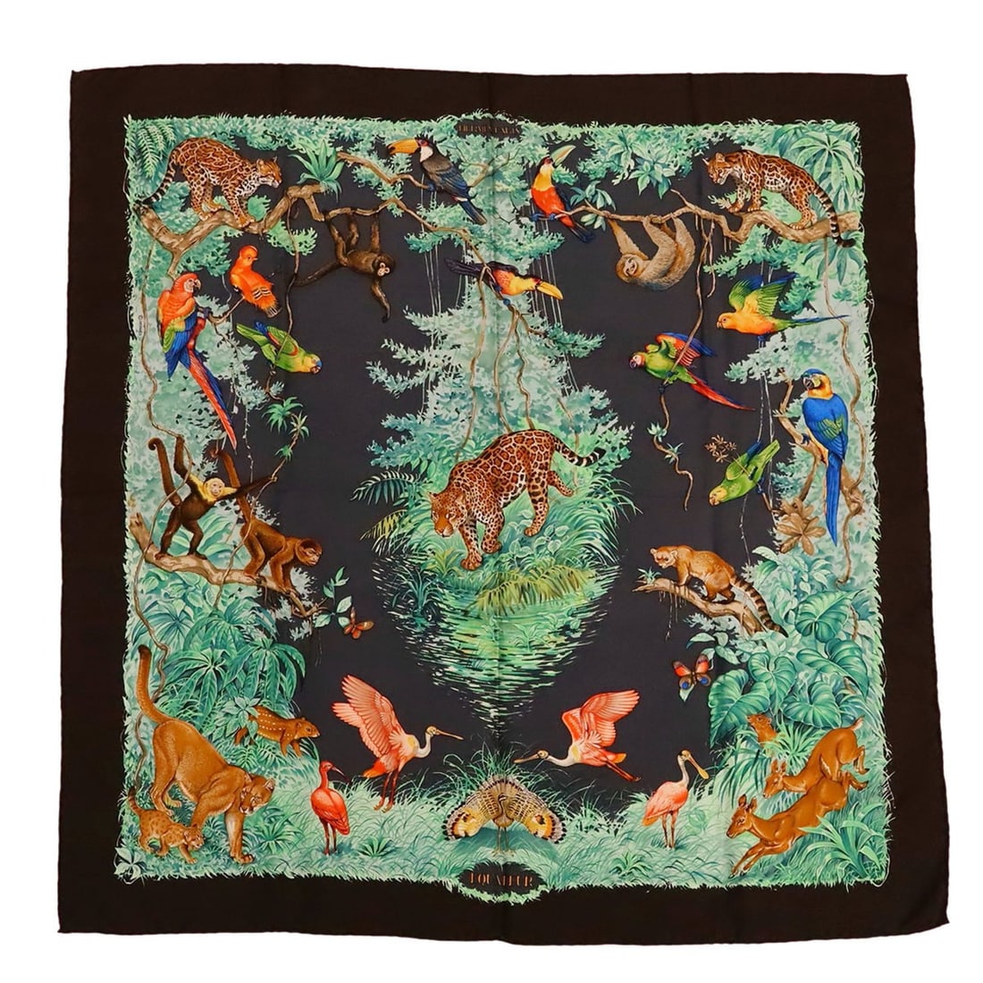 HERMES Carré 90 Scarf/Muffler, Large, EQUATEUR "Equatorial" Design, 100% Silk, Green, Dark Brown, (1 of 14)