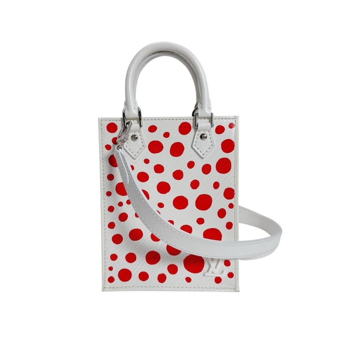 Louis Vuitton Petite Sac Plat handbag/shoulder bag in Epi leather featuring Yayoi Kusama, M81986,: --- Catalog ---Category: SizeSize (HxWxD): 17.5cm x 13.8cm x 5cm / 6.88'' x 5.43'' x 1.96''Category: DesignType: Handbag, Shoulder bagColor: WhiteGender: WomenMaterial: Epi leather Category: GeneralMP